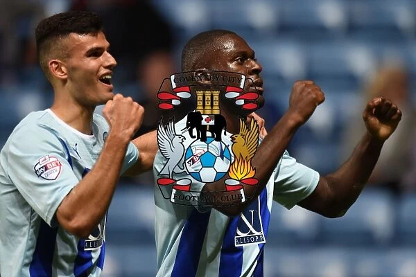 Coventry City's Frank Nouble and Conor Thomas: Celebrating the Opening Goal in Sky Bet League One Match vs Gillingham at Ricoh Arena