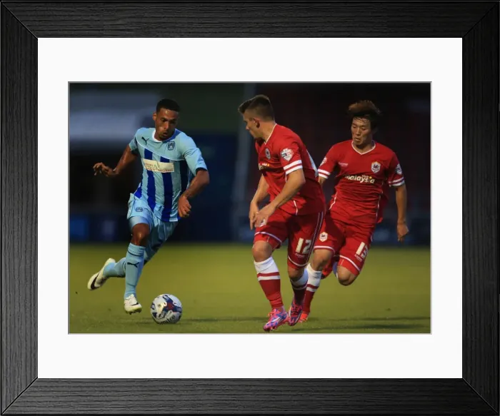 Framed Print : Coventry City vs. Cardiff City: Jordan Clarke Tackles Declan John and Kim Bo-Kyung in Capital One Cup First Round Framed Print : Coventry City vs. Cardiff City: Jordan Clarke Tackles Declan John and Kim Bo-Kyung in Capital One Cup First Round