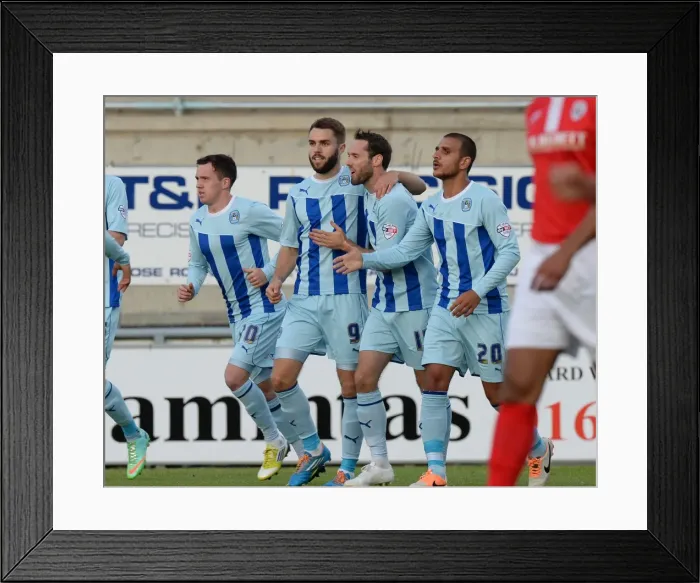 Framed Print : Josh McQuoid Scores First Goal for Coventry City Against Barnsley in Sky Bet League One (Sixfields Stadium) Framed Print : Josh McQuoid Scores First Goal for Coventry City Against Barnsley in Sky Bet League One (Sixfields Stadium)