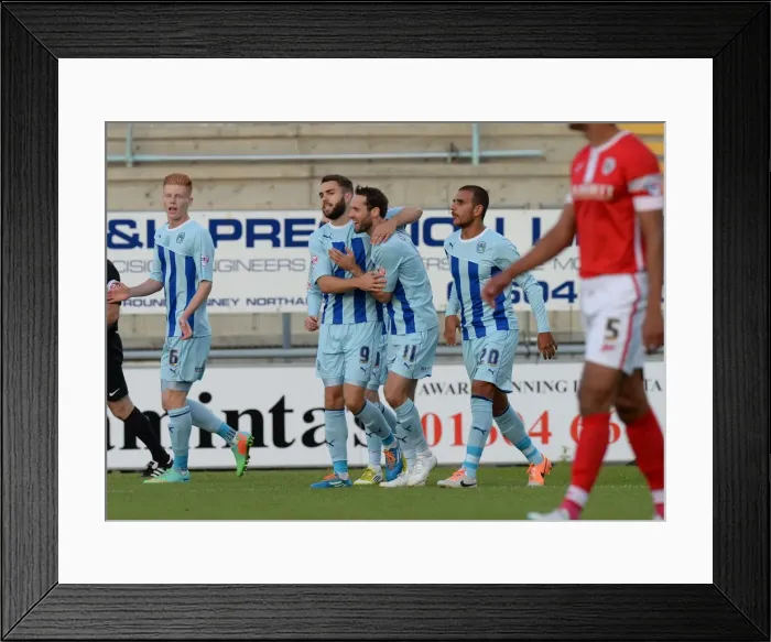 Framed Print : Josh McQuoid's First Goal for Coventry City: Sky Bet League One Clash Against Barnsley at Sixfields Stadium Framed Print : Josh McQuoid's First Goal for Coventry City: Sky Bet League One Clash Against Barnsley at Sixfields Stadium