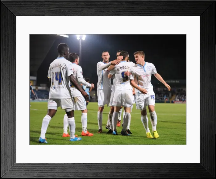 Framed Print : Coventry City's Josh McQuoid Nets Opening Goal vs. Wycombe Wanderers in Johnstones Paint Trophy Framed Print : Coventry City's Josh McQuoid Nets Opening Goal vs. Wycombe Wanderers in Johnstones Paint Trophy