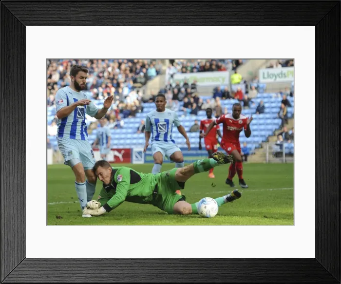 Framed Print : Josh McQuoid Scores Past Jamie Ashdown (Sky Bet League One): Coventry City's Victory over Crawley Framed Print : Josh McQuoid Scores Past Jamie Ashdown (Sky Bet League One): Coventry City's Victory over Crawley