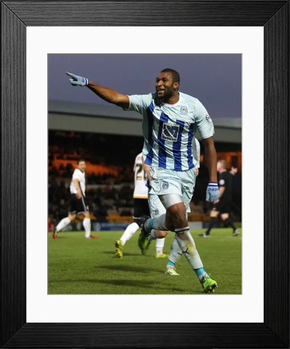 Framed Print : Reda Johnson's Strike: Coventry City's Thrilling Opener in Sky Bet League One at Port Vale's Vale Park Framed Print : Reda Johnson's Strike: Coventry City's Thrilling Opener in Sky Bet League One at Port Vale's Vale Park
