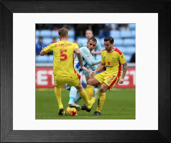 Framed Print : Clash at Ricoh Arena: Coventry City vs Milton Keynes Dons - Sky Bet League One: Intense Moment between Marcus Tudgay and Milton Keynes Dons Kyle McFadzean and Samir Carruthers