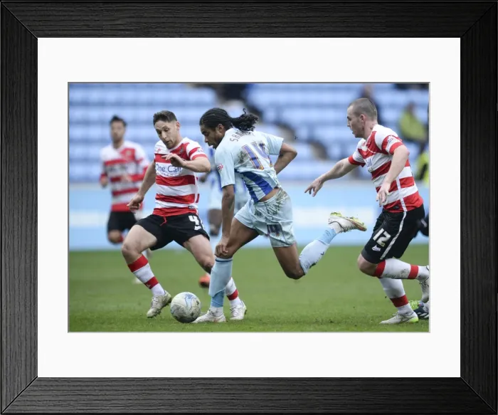 Framed Print : Intense Clash: Furman, McCullough, and Samuel Battle it Out in Coventry City vs Doncaster Rovers Framed Print : Intense Clash: Furman, McCullough, and Samuel Battle it Out in Coventry City vs Doncaster Rovers