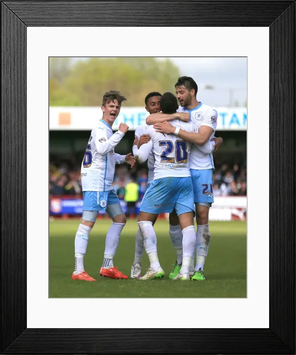 Framed Print : Marcus Tudgay's First Goal: Coventry City's Triumph Against Crawley Town - Celebrated by James Maddison and Aaron Martin Framed Print : Marcus Tudgay's First Goal: Coventry City's Triumph Against Crawley Town - Celebrated by James Maddison and Aaron Martin