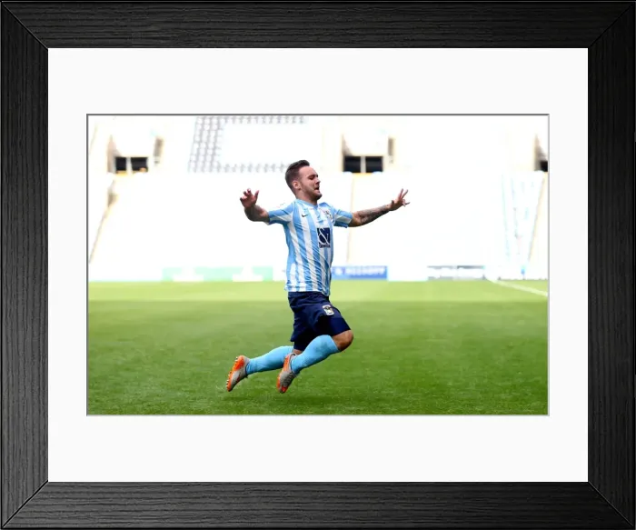 Framed Print : Adam Armstrong Scores First Goal: Coventry City's Triumph in Sky Bet League One Against Chesterfield Framed Print : Adam Armstrong Scores First Goal: Coventry City's Triumph in Sky Bet League One Against Chesterfield