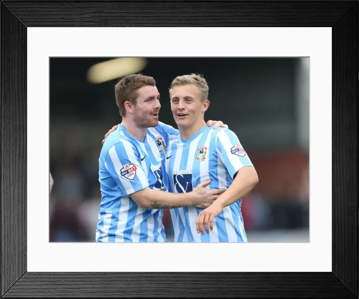Framed Print : Coventry City: George Thomas and John Fleck's Unlikely Celebration of an Own Goal (Sky Bet League One) Framed Print : Coventry City: George Thomas and John Fleck's Unlikely Celebration of an Own Goal (Sky Bet League One)