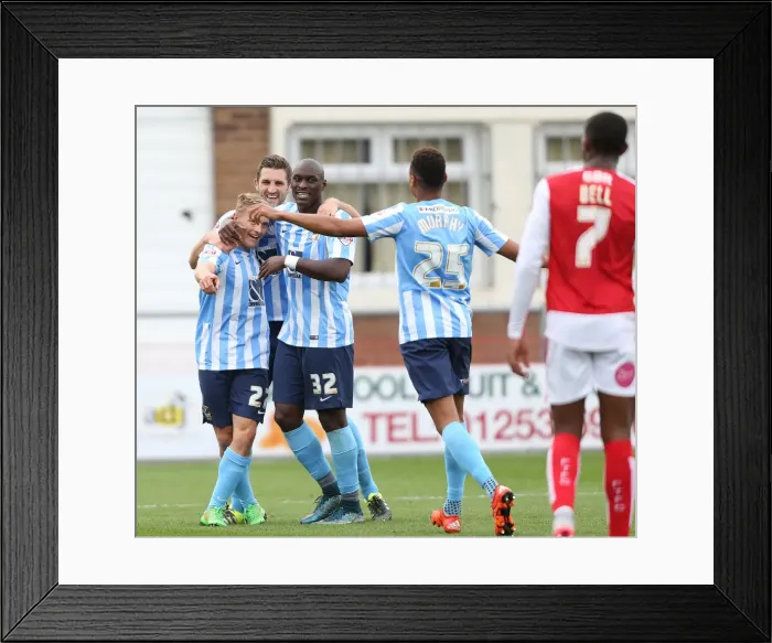Framed Print : Coventry City's George Thomas: Rejoicing in an Own Goal and Fleetwood Town's Disappointment (Sky Bet League One) Framed Print : Coventry City's George Thomas: Rejoicing in an Own Goal and Fleetwood Town's Disappointment (Sky Bet League One)
