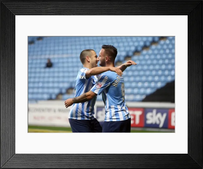Framed Print : Coventry City: Armstrong and Cole Celebrate Historic Third Goal Against Barnsley (Sky Bet League One)