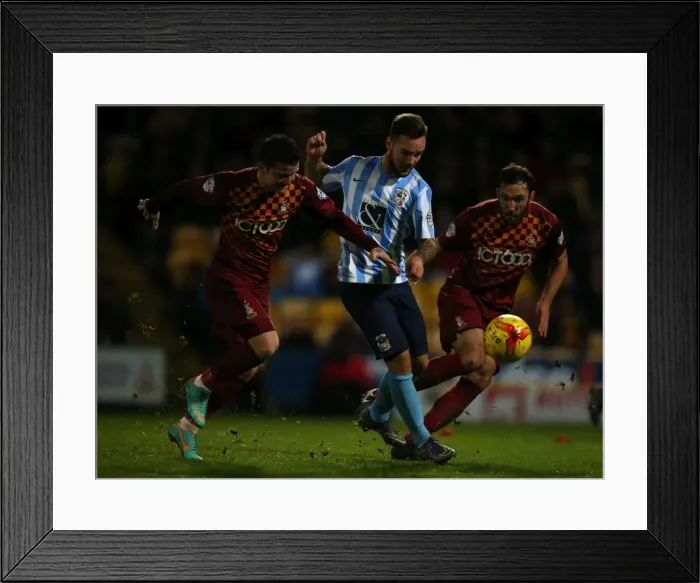 Framed Print : Battling for Control: McArdle, Knott, and Armstrong's Intense Clash in Coventry vs. Bradford League One Match Framed Print : Battling for Control: McArdle, Knott, and Armstrong's Intense Clash in Coventry vs. Bradford League One Match