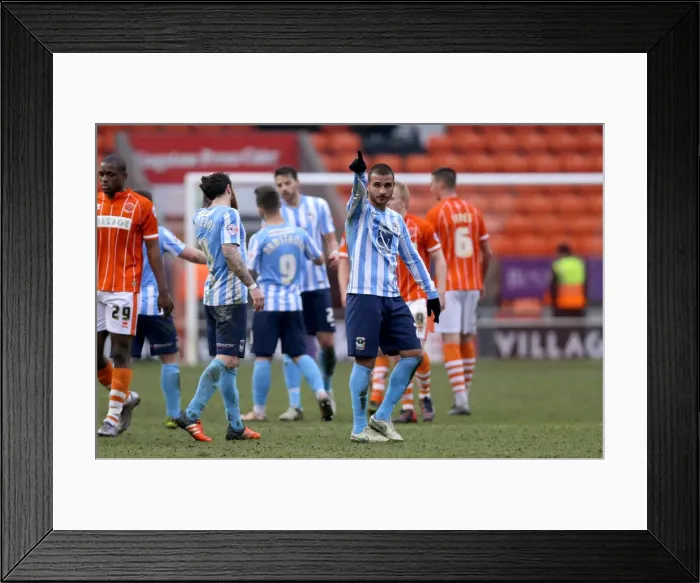 Framed Print : Marcus Tudgay's Triumphant Salute: Coventry City's Victory Celebration at Bloomfield Road Framed Print : Marcus Tudgay's Triumphant Salute: Coventry City's Victory Celebration at Bloomfield Road