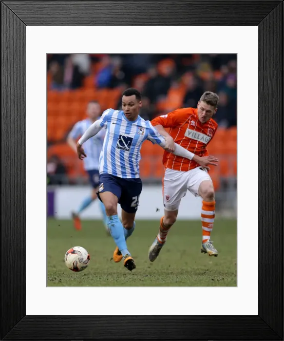 Framed Print : Battle for Supremacy: Jacob Murphy vs. Jim McAlister in Sky Bet League One Clash between Blackpool and Coventry City Framed Print : Battle for Supremacy: Jacob Murphy vs. Jim McAlister in Sky Bet League One Clash between Blackpool and Coventry City