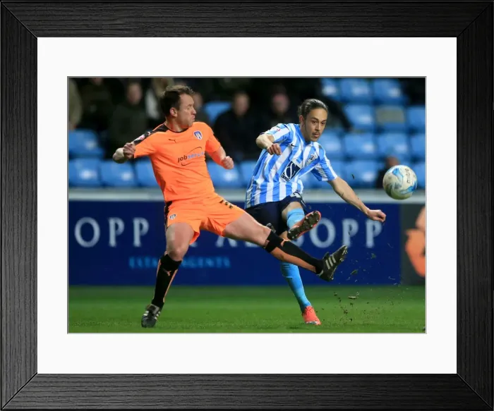 Framed Print : Jodi Jones of Coventry City Crossing Under Pressure from Nicky Shorey of Colchester United in Sky Bet League One Match at Ricoh Arena Framed Print : Jodi Jones of Coventry City Crossing Under Pressure from Nicky Shorey of Colchester United in Sky Bet League One Match at Ricoh Arena