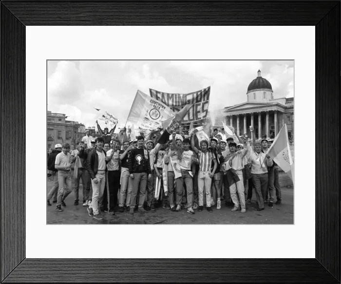 Framed Print : Coventry City Fans in Trafalgar Square: Waving Flags Ahead of FA Cup Final against Tottenham Hotspur at Wembley Stadium Framed Print : Coventry City Fans in Trafalgar Square: Waving Flags Ahead of FA Cup Final against Tottenham Hotspur at Wembley Stadium