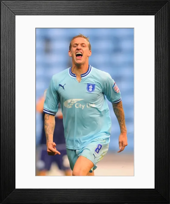 Framed Print : Carl Baker's Double: Coventry City's Victory Over Derby County in the Championship (10-09-2011) Framed Print : Carl Baker's Double: Coventry City's Victory Over Derby County in the Championship (10-09-2011)