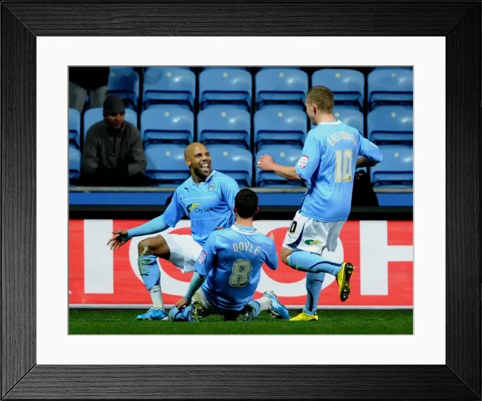 Framed Print : Coventry City FC: Marlon King's Goal Celebration with Doyle and Eastwood vs. Middlesbrough in Championship Framed Print : Coventry City FC: Marlon King's Goal Celebration with Doyle and Eastwood vs. Middlesbrough in Championship