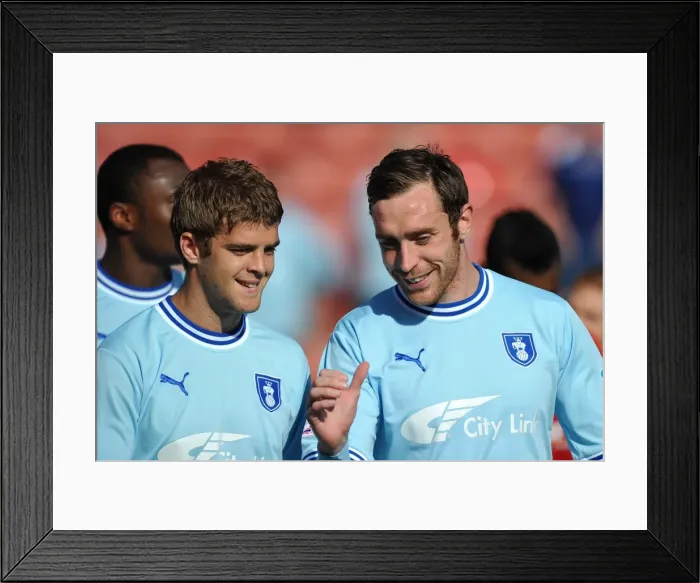 Framed Print : Coventry City FC: Martin Cranie and Richard Keogh in Deep Conversation at Oakwell Stadium during Barnsley Match (Npower Football League Championship, 01-10-2011) Framed Print : Coventry City FC: Martin Cranie and Richard Keogh in Deep Conversation at Oakwell Stadium during Barnsley Match (Npower Football League Championship, 01-10-2011)