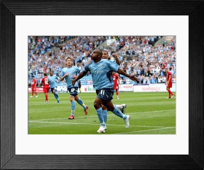 Framed Print : Coventry City's Clinton Morrison Celebrates First Goal Against Ipswich Town in Championship Match (09-08-2009), Ricoh Arena Framed Print : Coventry City's Clinton Morrison Celebrates First Goal Against Ipswich Town in Championship Match (09-08-2009), Ricoh Arena