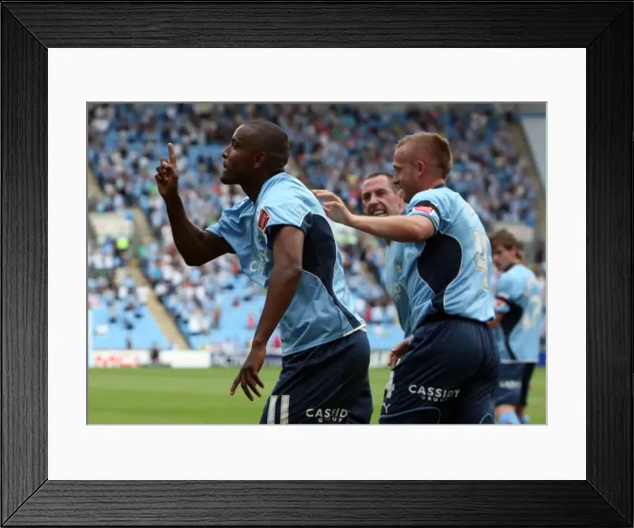 Framed Print : Coventry City's Clinton Morrison Celebrates Goal in Coca-Cola Championship Match vs Ipswich Town at Ricoh Arena (09-08-2009) Framed Print : Coventry City's Clinton Morrison Celebrates Goal in Coca-Cola Championship Match vs Ipswich Town at Ricoh Arena (09-08-2009)