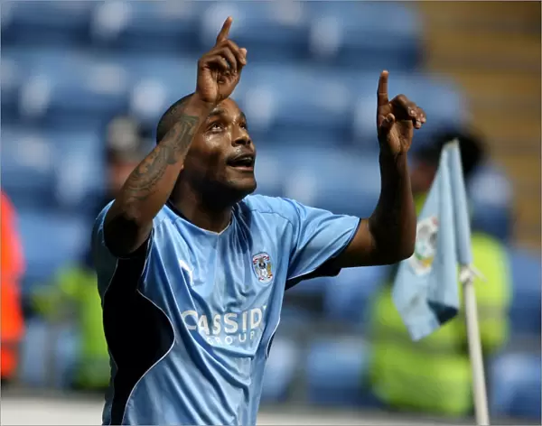 Coventry City's Clinton Morrison Celebrates First Goal Against Cardiff City in Championship Match at Ricoh Arena (16-03-2010)
