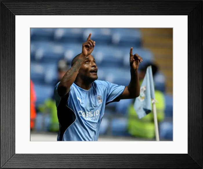 Framed Print : Coventry City's Clinton Morrison Celebrates First Goal Against Cardiff City in Championship Match at Ricoh Arena (16-03-2010)
