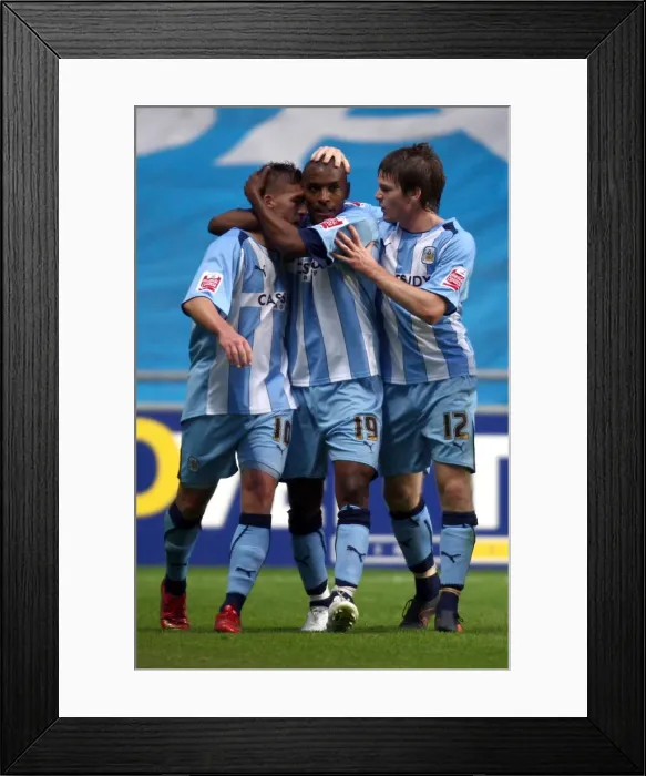 Framed Print : Coventry City FC: Clinton Morrison's Triumphant Carling Cup Celebration with Freddy Eastwood and Aron Gunnarsson (vs Aldershot Town, Round 1, 2008) Framed Print : Coventry City FC: Clinton Morrison's Triumphant Carling Cup Celebration with Freddy Eastwood and Aron Gunnarsson (vs Aldershot Town, Round 1, 2008)