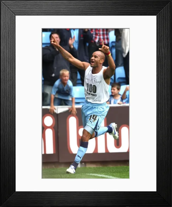Framed Print : Leon McKenzie's Euphoric Goal Celebration: Coventry City vs Norwich City in the Coca-Cola Football Championship (09-08-2008) Framed Print : Leon McKenzie's Euphoric Goal Celebration: Coventry City vs Norwich City in the Coca-Cola Football Championship (09-08-2008)