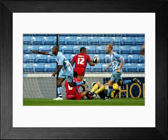 Framed Print : Coventry City's Clinton Morrison Celebrates First Goal Against Aldershot Town in Carling Cup Round 1 (2008) Framed Print : Coventry City's Clinton Morrison Celebrates First Goal Against Aldershot Town in Carling Cup Round 1 (2008)