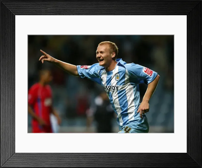 Framed Print : Coventry City's Robbie Simpson Celebrates Third Goal Against Aldershot Town in Carling Cup Round 1 (2008) Framed Print : Coventry City's Robbie Simpson Celebrates Third Goal Against Aldershot Town in Carling Cup Round 1 (2008)