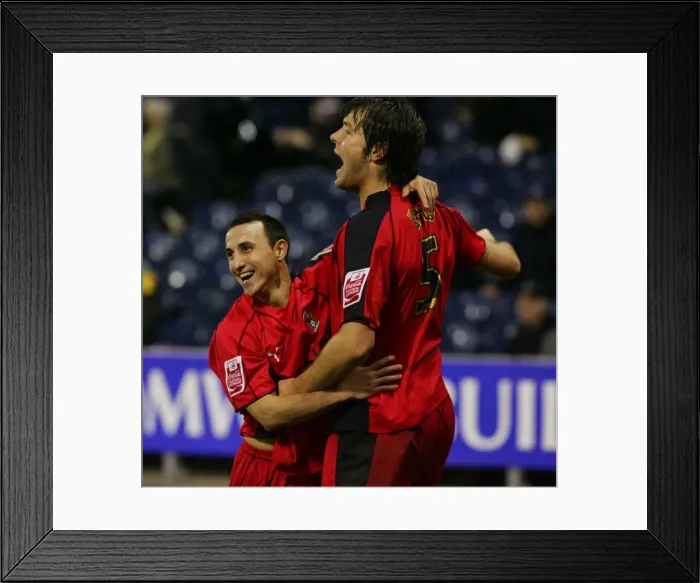 Framed Print : Coventry City's Michael Mifsud and Elliott Ward Celebrate Goals Against West Bromwich Albion in Coca-Cola Championship Match