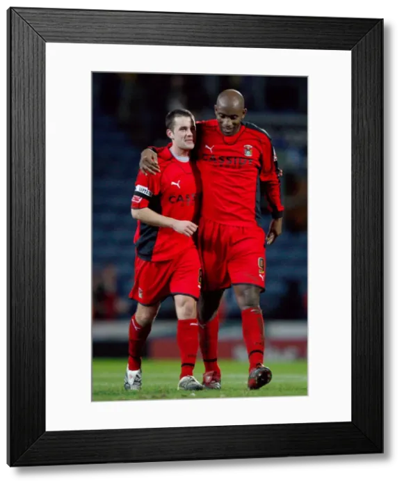 Framed Print : Coventry City Football Club: Michael Doyle and Dele Adebola Celebrate FA Cup Upset Against Blackburn Rovers (05-01-2008) Framed Print : Coventry City Football Club: Michael Doyle and Dele Adebola Celebrate FA Cup Upset Against Blackburn Rovers (05-01-2008)
