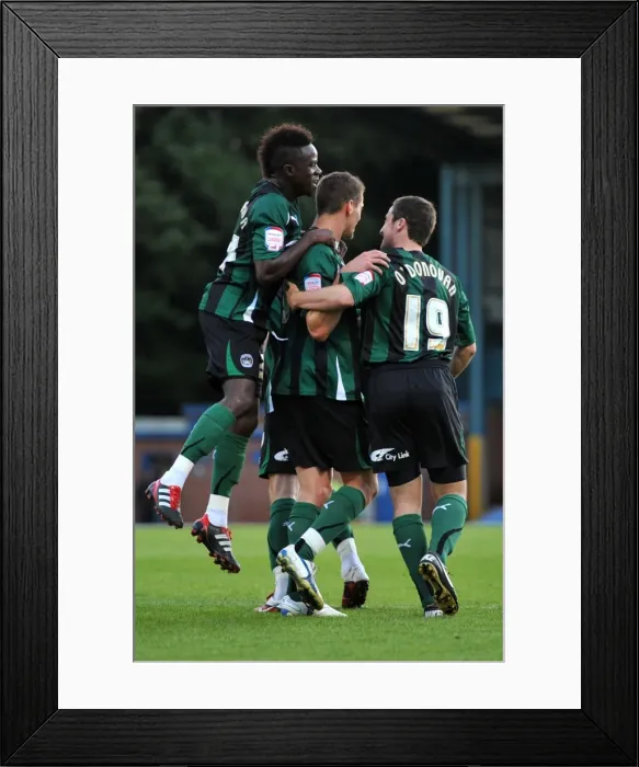 Framed Print : Coventry City FC: Roy O'Donovan's Euphoric Goal Celebration with Bigirimana and Jutkiewicz vs Bury (Carling Cup Round 1, 2011) Framed Print : Coventry City FC: Roy O'Donovan's Euphoric Goal Celebration with Bigirimana and Jutkiewicz vs Bury (Carling Cup Round 1, 2011)