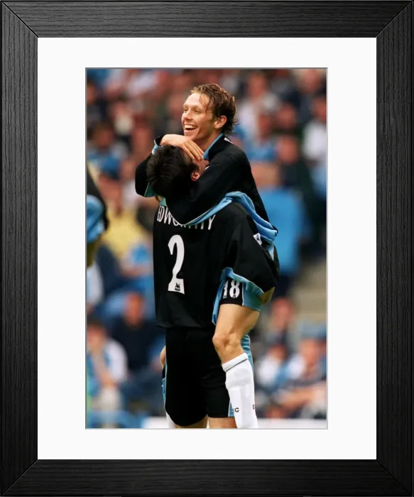 Framed Print : Craig Bellamy and Marc Edworthy Celebrate Goal for Coventry City against Manchester City (FA Carling Premiership, 2000) Framed Print : Craig Bellamy and Marc Edworthy Celebrate Goal for Coventry City against Manchester City (FA Carling Premiership, 2000)