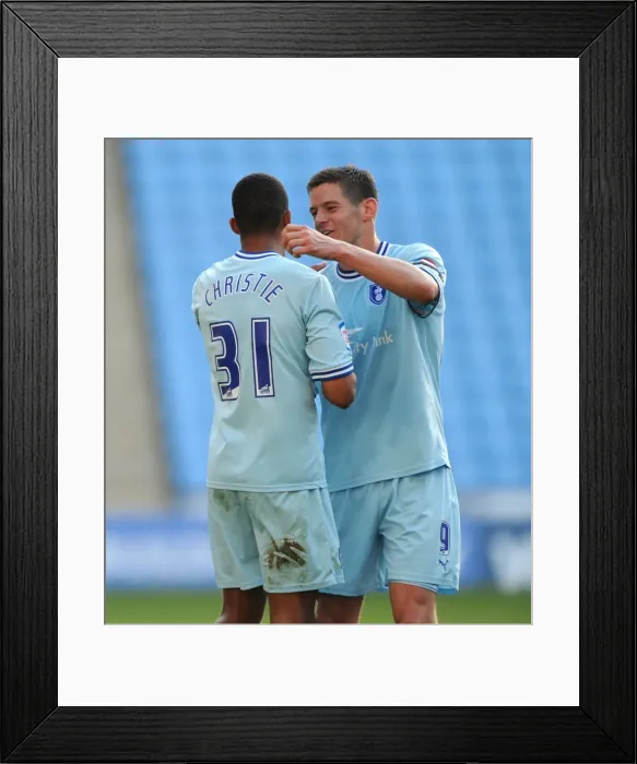 Framed Print : Coventry City FC: Lukas Jutkiewicz and Cyrus Christie Celebrate Championship Victory over Nottingham Forest (15-10-2011) Framed Print : Coventry City FC: Lukas Jutkiewicz and Cyrus Christie Celebrate Championship Victory over Nottingham Forest (15-10-2011)