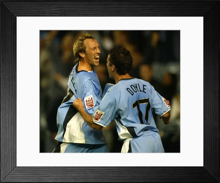 Framed Print : Coventry City FC: Andy Morrell and Michael Doyle Celebrate First Goal vs Gillingham (Coca-Cola Championship, Highfield Road, 2004) Framed Print : Coventry City FC: Andy Morrell and Michael Doyle Celebrate First Goal vs Gillingham (Coca-Cola Championship, Highfield Road, 2004)