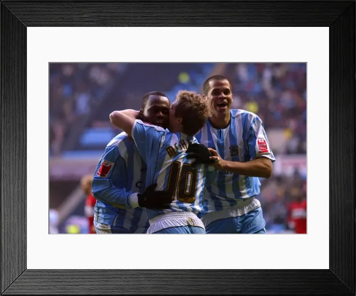 Framed Print : Stern John's Euphoric FA Cup Goal Celebration with Gary McSheffrey and Marcus Hall (vs Middlesbrough, 2006)