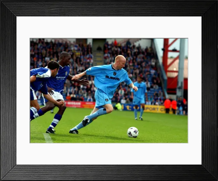 Framed Print : Coventry City's Lee Hughes: Fending Off Stockport Defenders Amidst Division One Momentum (11-08-2001) Framed Print : Coventry City's Lee Hughes: Fending Off Stockport Defenders Amidst Division One Momentum (11-08-2001)