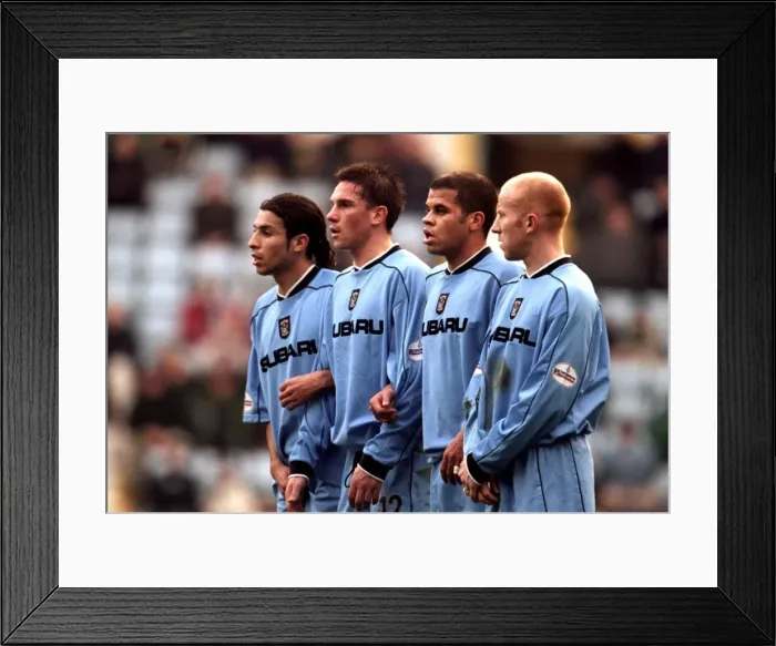 Framed Print : Defensive Stand: Chippo, Mills, Hall, Hughes - Coventry City FC vs. Watford (09-12-2001) Framed Print : Defensive Stand: Chippo, Mills, Hall, Hughes - Coventry City FC vs. Watford (09-12-2001)