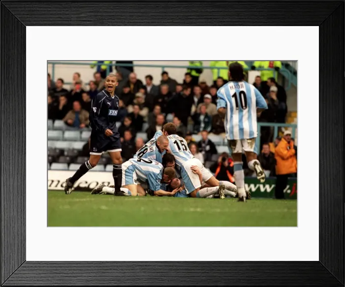 Framed Print : Coventry City FC: John Hartson's Euphoric Goal Celebration vs. Derby County Amid Deon Burton's Disappointment (31-03-2001) Framed Print : Coventry City FC: John Hartson's Euphoric Goal Celebration vs. Derby County Amid Deon Burton's Disappointment (31-03-2001)