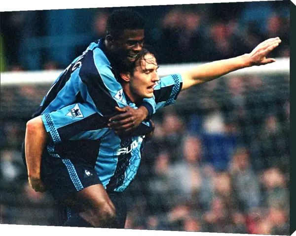Coventry City FC's Historic Upset: Noel Whelan and George Boateng Celebrate Goal Against Manchester United (FA Carling Premiership, 1997)