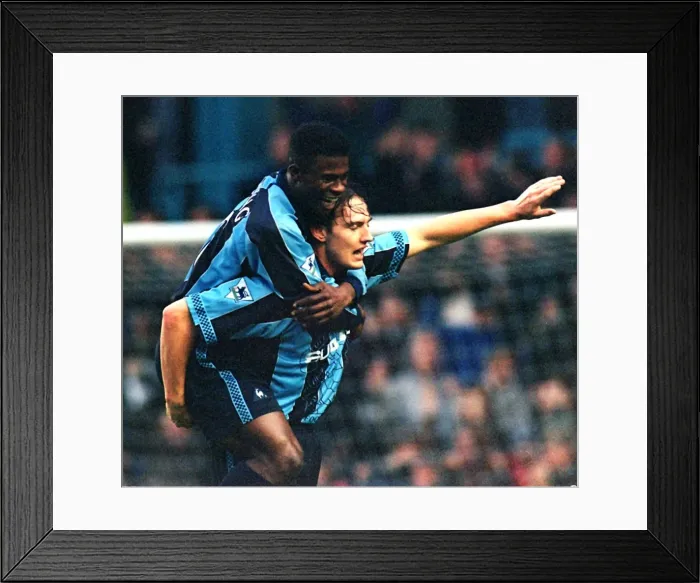 Framed Print : Coventry City FC's Historic Upset: Noel Whelan and George Boateng Celebrate Goal Against Manchester United (FA Carling Premiership, 1997) Framed Print : Coventry City FC's Historic Upset: Noel Whelan and George Boateng Celebrate Goal Against Manchester United (FA Carling Premiership, 1997)