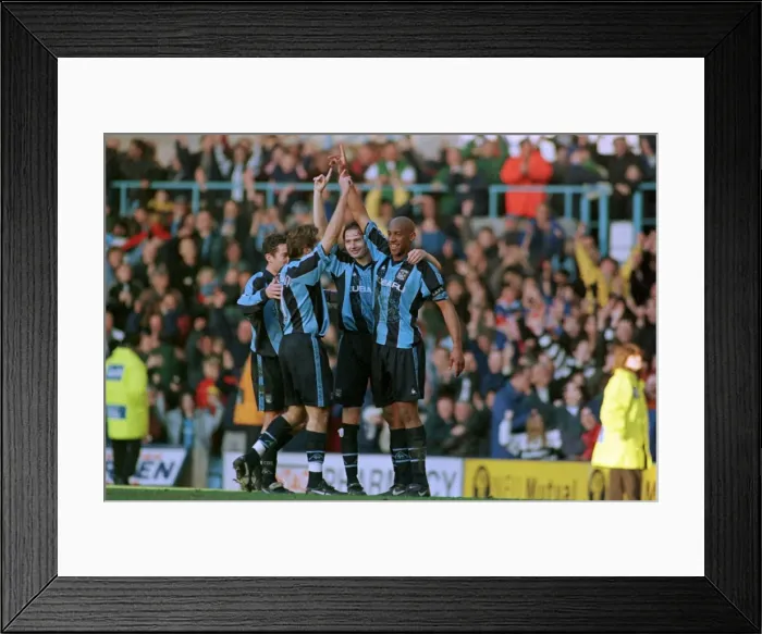 Framed Print : Celebrating Glory: Coventry City's Unforgettable Moment - Dublin, Telfer, Huckerby, and Whelan's FA Carling Premiership Victory over Barnsley (1998) Framed Print : Celebrating Glory: Coventry City's Unforgettable Moment - Dublin, Telfer, Huckerby, and Whelan's FA Carling Premiership Victory over Barnsley (1998)