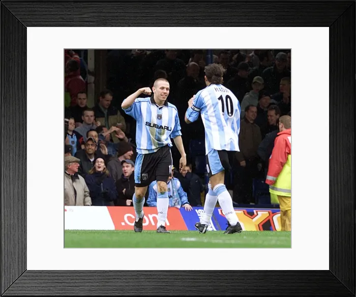 Framed Print : Craig Bellamy and Moustapha Hadji: Celebrating Coventry City's First Goal Against Leicester City (07-04-2001) Framed Print : Craig Bellamy and Moustapha Hadji: Celebrating Coventry City's First Goal Against Leicester City (07-04-2001)
