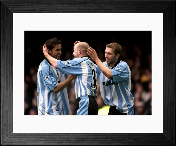 Framed Print : Coventry City: Mustapha Hadji and Lee Carsley Celebrate Historic Second Goal Against Leicester City (07-04-2001) Framed Print : Coventry City: Mustapha Hadji and Lee Carsley Celebrate Historic Second Goal Against Leicester City (07-04-2001)