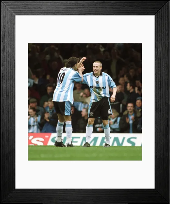 Framed Print : Mustapha Hadji and Craig Bellamy: Celebrating Coventry City's Historic First Goal Against Leicester City in FA Carling Premiership (07-04-2001) Framed Print : Mustapha Hadji and Craig Bellamy: Celebrating Coventry City's Historic First Goal Against Leicester City in FA Carling Premiership (07-04-2001)