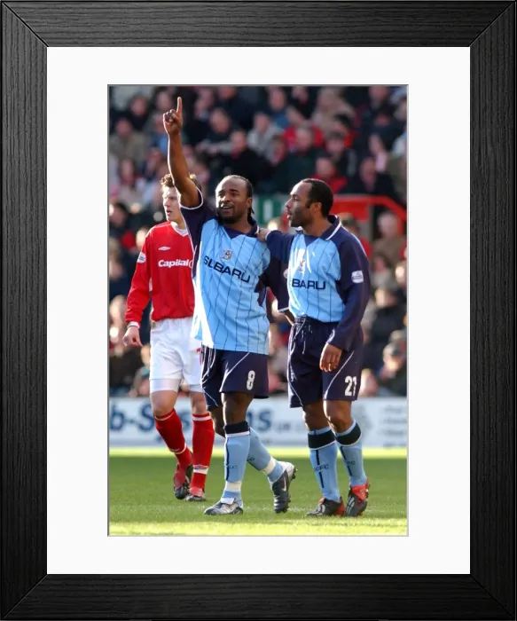 Framed Print : Double Trouble: Suffo and Joachim's Goal Celebration vs. Nottingham Forest (Coventry City, 07-02-2004, Nationwide League Division One) Framed Print : Double Trouble: Suffo and Joachim's Goal Celebration vs. Nottingham Forest (Coventry City, 07-02-2004, Nationwide League Division One)