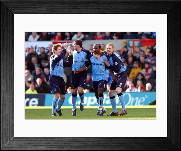 Framed Print : Celebrating Glory: Coventry City's Patrick Suffo and Teams Ecstatic Reaction to Winning Goal vs. Nottingham Forest (Nationwide League Division One, 07-02-2004) Framed Print : Celebrating Glory: Coventry City's Patrick Suffo and Teams Ecstatic Reaction to Winning Goal vs. Nottingham Forest (Nationwide League Division One, 07-02-2004)