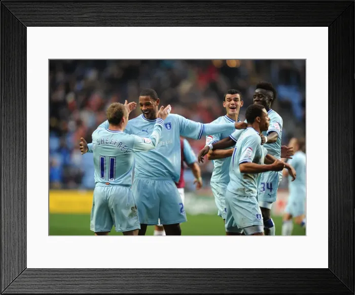Framed Print : Clive Platt's First Goal for Coventry City: Celebrating with Team Mates Against West Ham United (November 19, 2011)