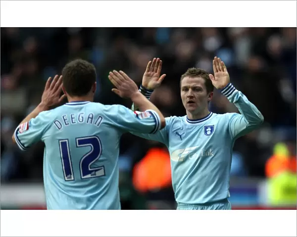 Coventry City: McSheffrey and Deegan Celebrate Goal Against Middlesbrough in Npower Championship (21-01-2012, Ricoh Arena)